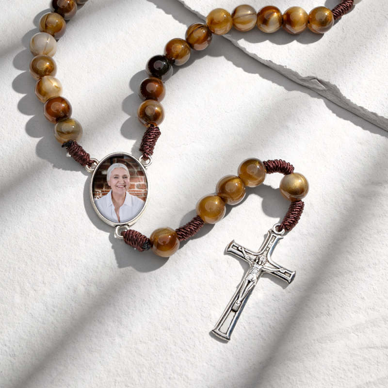 Custom Rosary Beads Cross Necklace Personalized Imitation Agate Beads Hand Woven Necklace with Photo 1