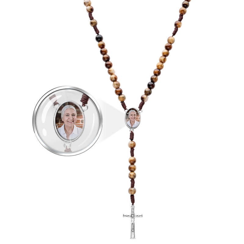 Custom Rosary Beads Cross Necklace Personalized Imitation Agate Beads Hand Woven Necklace with Photo 2