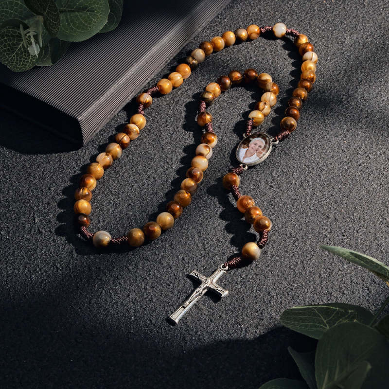 Custom Rosary Beads Cross Necklace Personalized Imitation Agate Beads Hand Woven Necklace with Photo 3