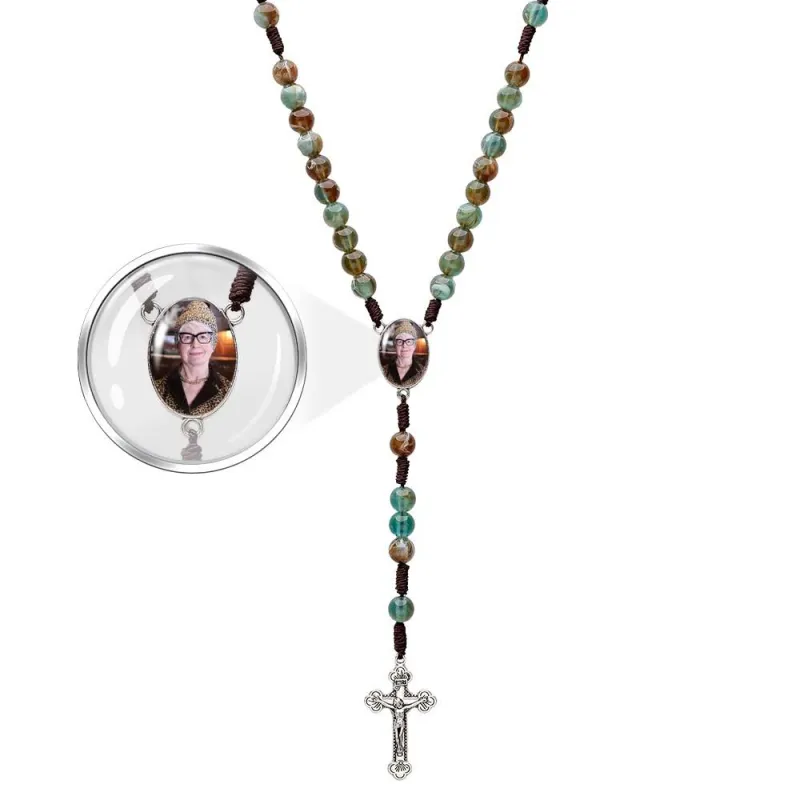 Custom Rosary Beads Cross Necklace Personalized Imitation Agate Round Beads Necklace with Photo 1