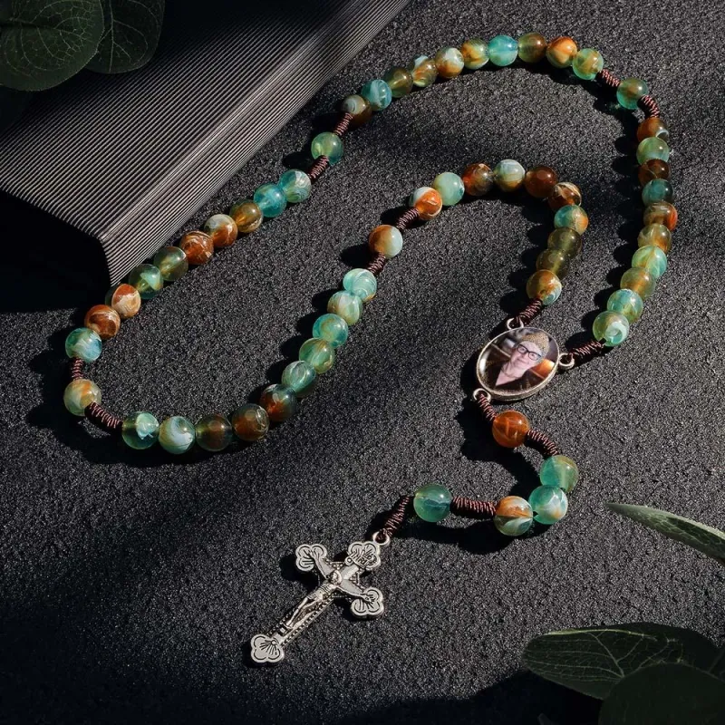 Custom Rosary Beads Cross Necklace Personalized Imitation Agate Round Beads Necklace with Photo