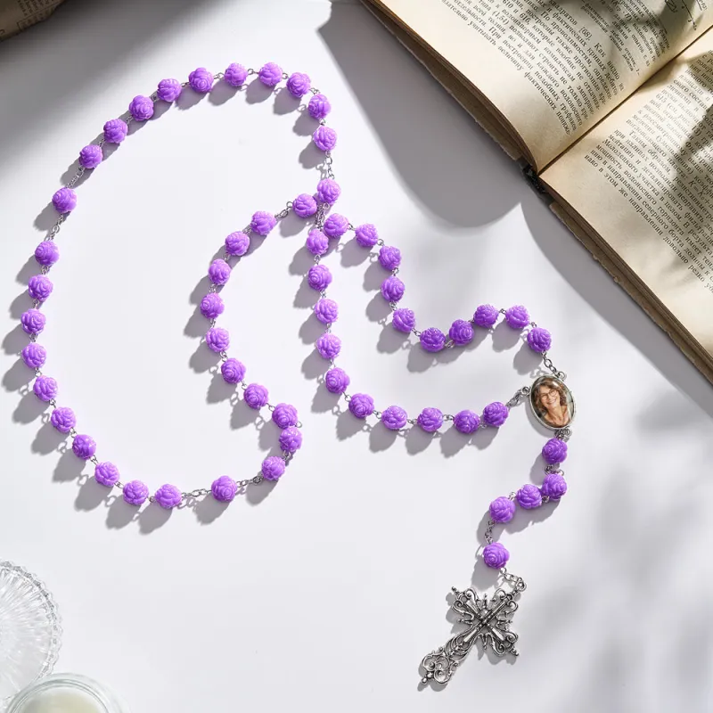 Custom Rosary Beads Cross Necklace Personalized Purple Double Sided Rose Necklace with Photo