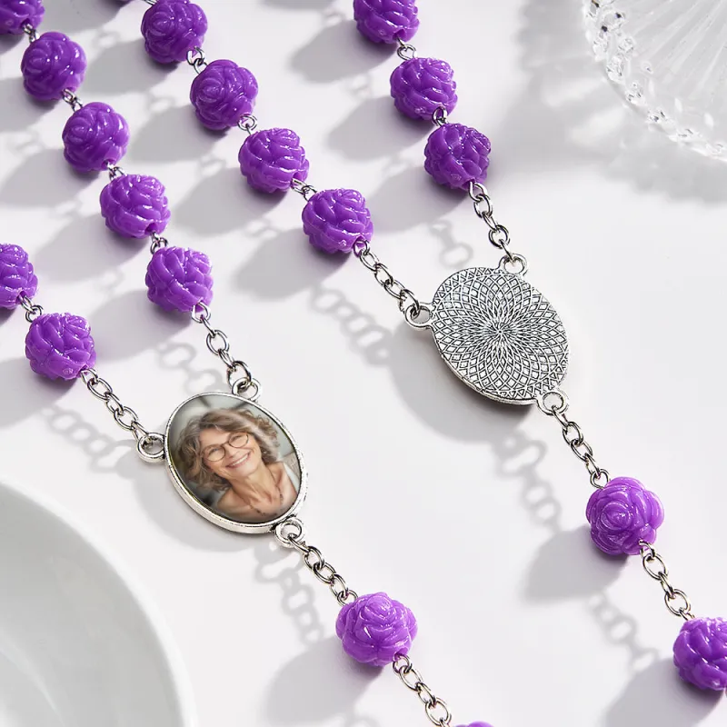 Custom Rosary Beads Cross Necklace Personalized Purple Double Sided Rose Necklace with Photo 2