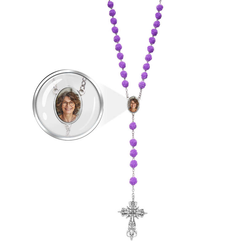 Custom Rosary Beads Cross Necklace Personalized Purple Double Sided Rose Necklace with Photo 1