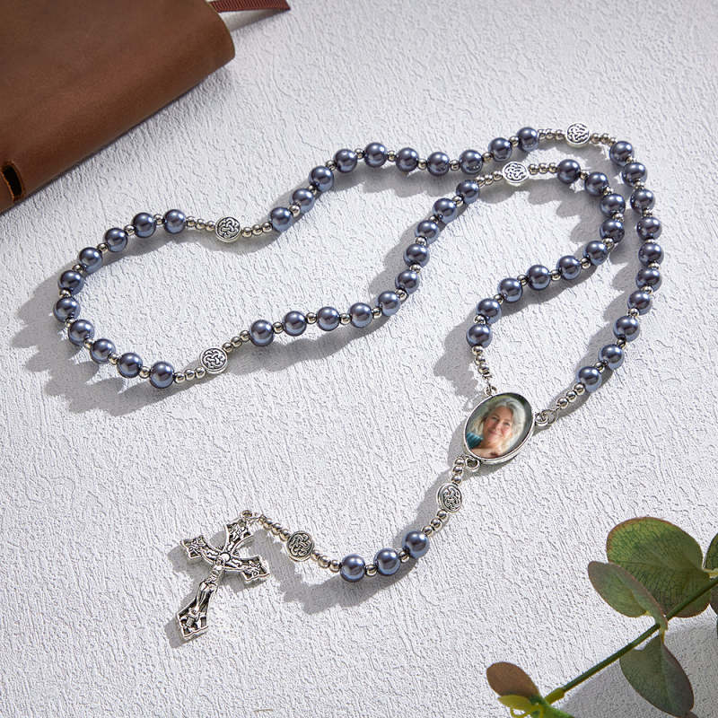 Custom Rosary Beads Cross Necklace Personalized Retro Glass Imitation Pearl Hollow Necklace with Photo 2