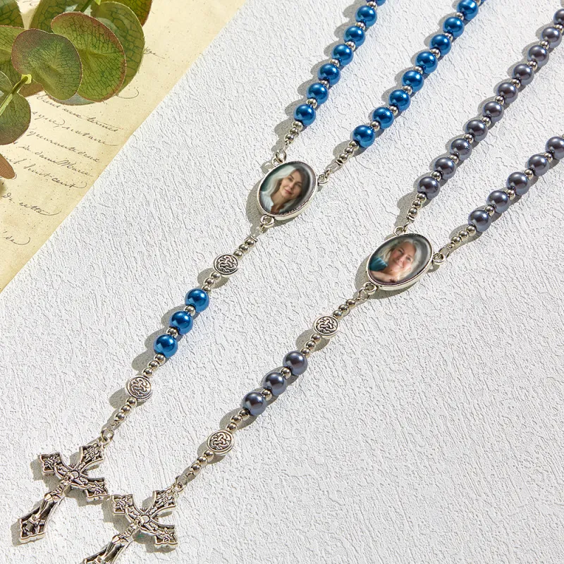 Custom Rosary Beads Cross Necklace Personalized Retro Glass Imitation Pearl Hollow Necklace with Photo