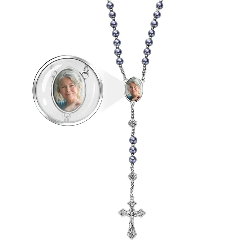 Custom Rosary Beads Cross Necklace Personalized Retro Glass Imitation Pearl Hollow Necklace with Photo 4