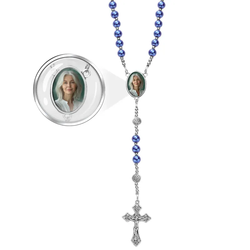 Custom Rosary Beads Cross Necklace Personalized Retro Glass Imitation Pearl Hollow Necklace with Photo 3