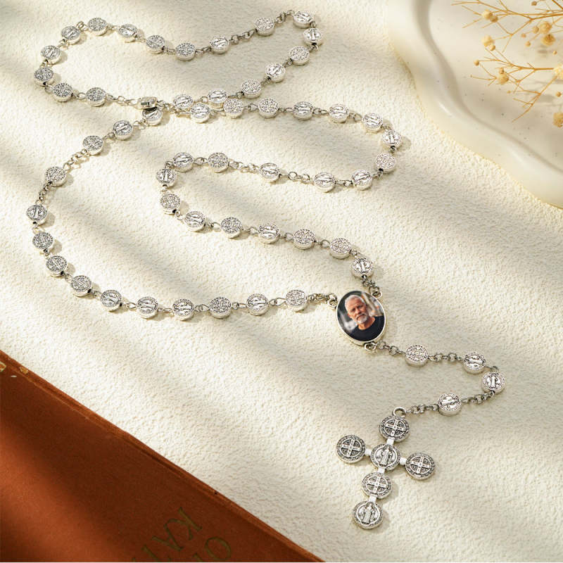 Custom Rosary Beads Cross Necklace Personalized Vintage Alloy Beads Necklace with Photo