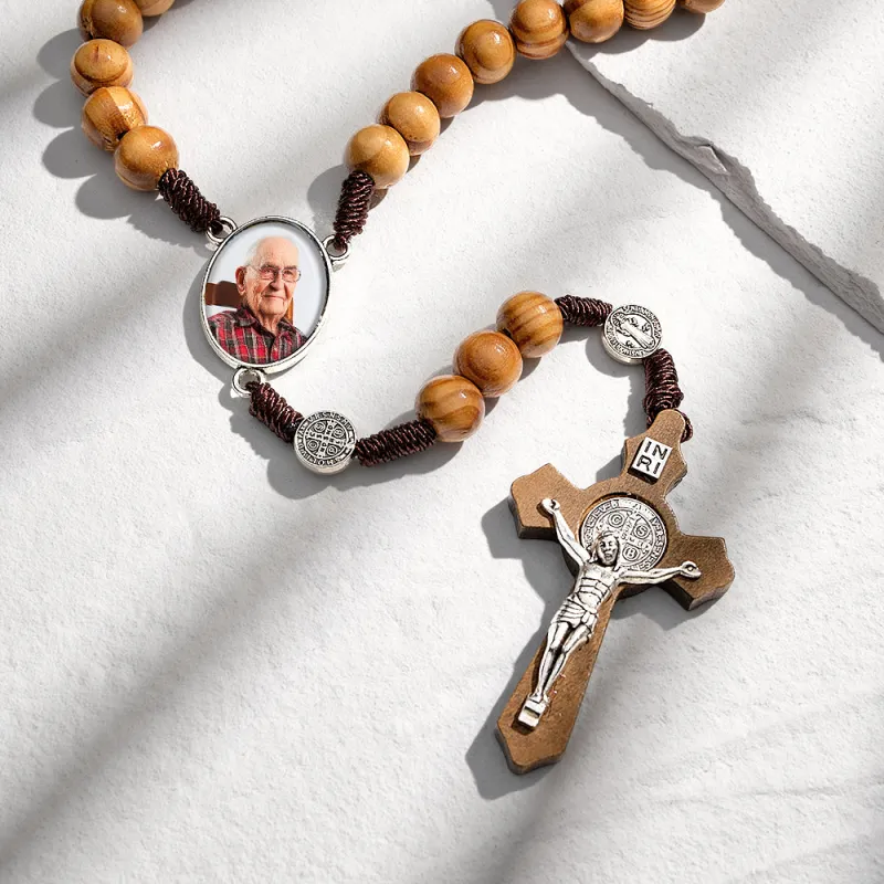 Custom Rosary Beads Cross Necklace Personalized Vintage Light Wood Beads Handwoven Necklace with Photo 2