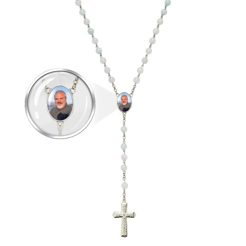 Custom Rosary Beads Cross Necklace Personalized White Acrylic Luminous Beads Necklace with Photo 1