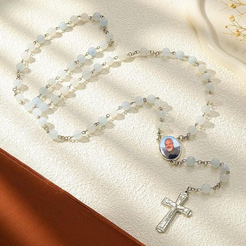 Custom Rosary Beads Cross Necklace Personalized White Acrylic Luminous Beads Necklace with Photo