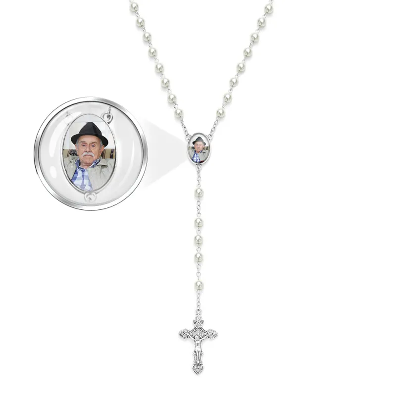 Custom Rosary Beads Cross Necklace Personalized White Imitation Pearls Necklace with Photo 6