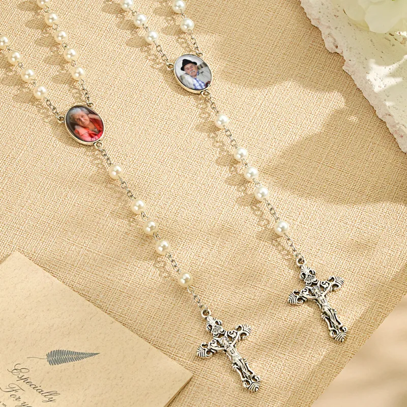 Custom Rosary Beads Cross Necklace Personalized White Imitation Pearls Necklace with Photo