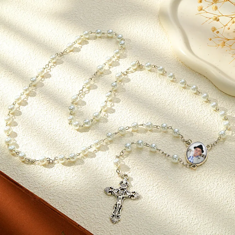 Custom Rosary Beads Cross Necklace Personalized White Imitation Pearls Necklace with Photo 5