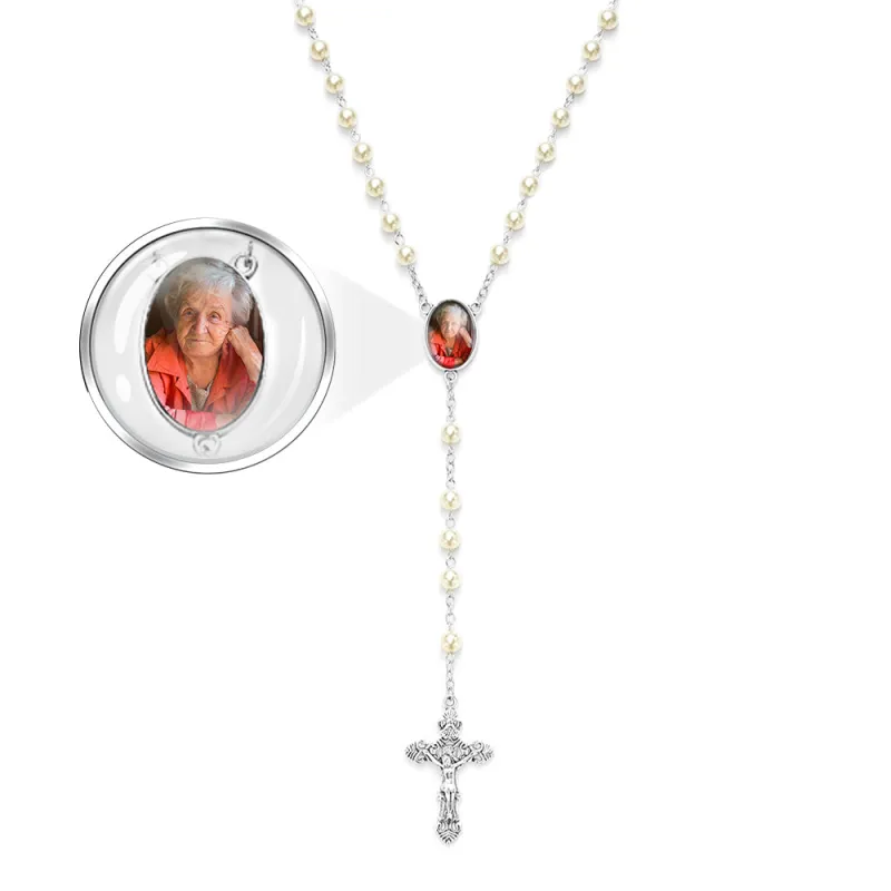 Custom Rosary Beads Cross Necklace Personalized White Imitation Pearls Necklace with Photo 2