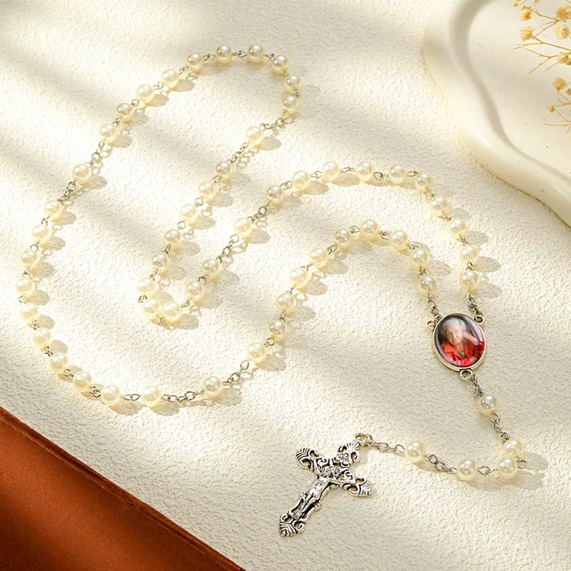 Custom Rosary Beads Cross Necklace Personalized White Imitation Pearls Necklace with Photo 1