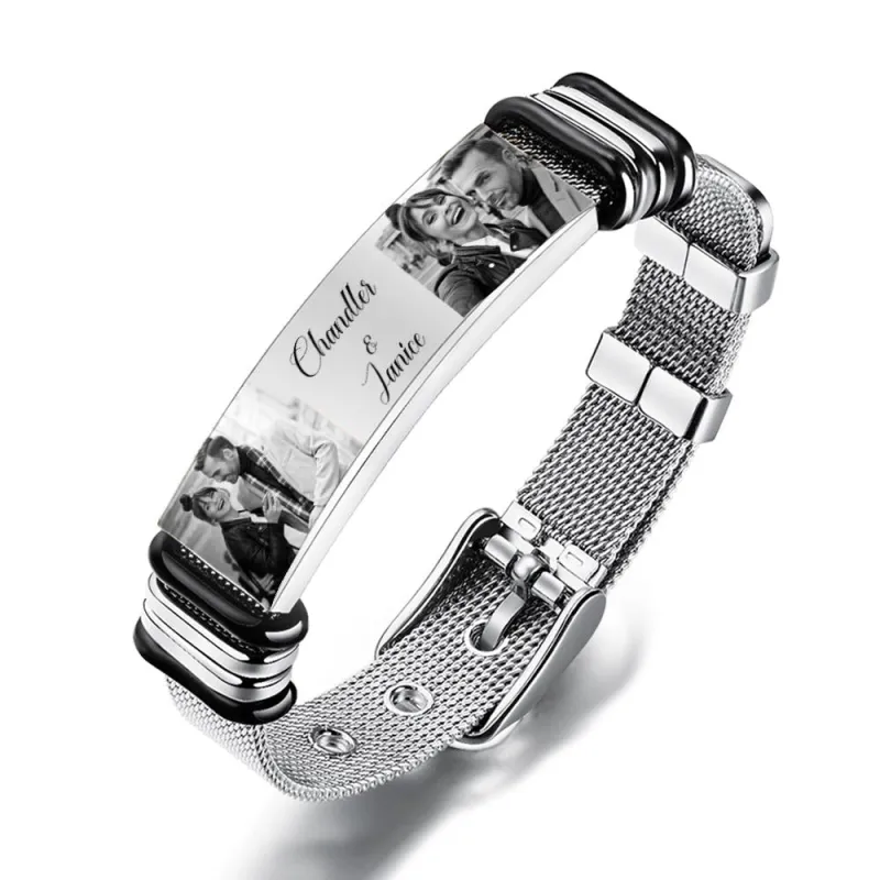 Custom Stainless Steel Mens Bracelet With Two Photo And Engraved Words Best Gifts For Lovers On Valentine's Day 2