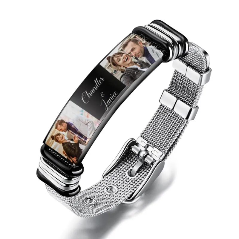 Custom Stainless Steel Mens Bracelet With Two Photo And Engraved Words Best Gifts For Lovers On Valentine's Day 1