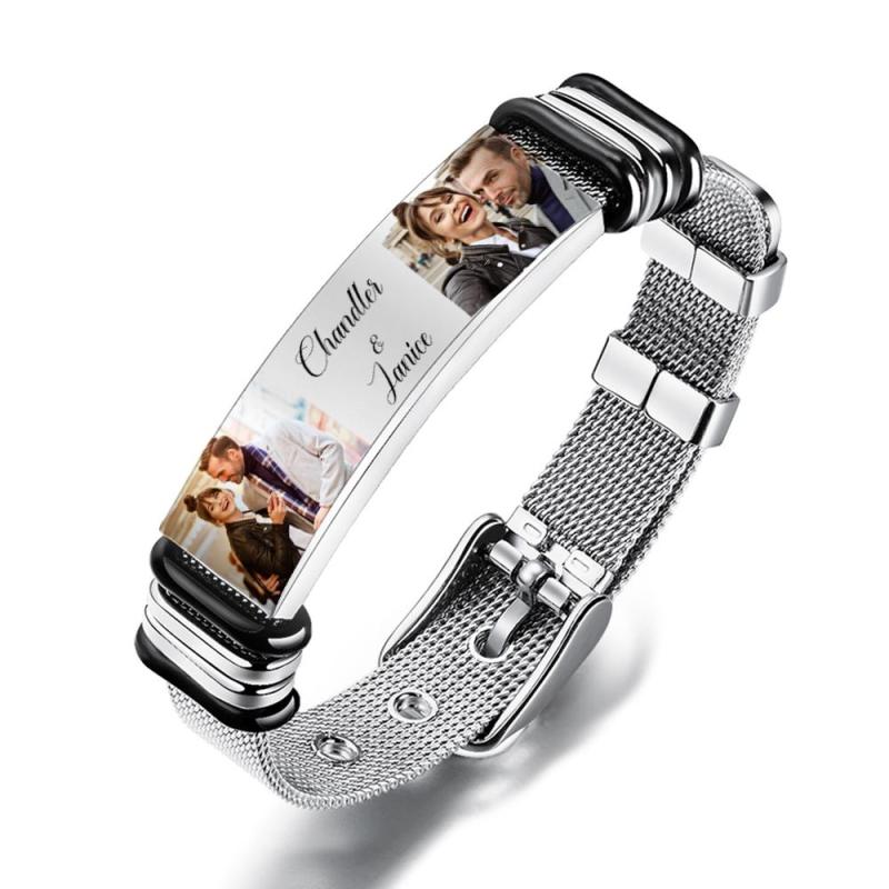 Custom Stainless Steel Mens Bracelet With Two Photo And Engraved Words Best Gifts For Lovers On Valentine's Day