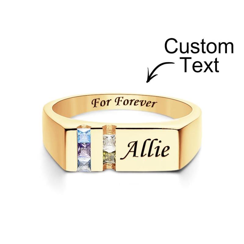 Custom Text Birthstone Ring 18k Gold Plated Personalized Family Ring Gift For Her