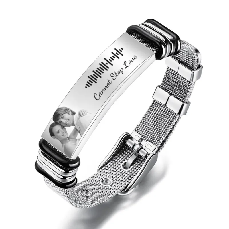 Customized Optional Photo Engraved Music Code Stainless Steel Bracelet Best Gifts For Men Gifts For Couples