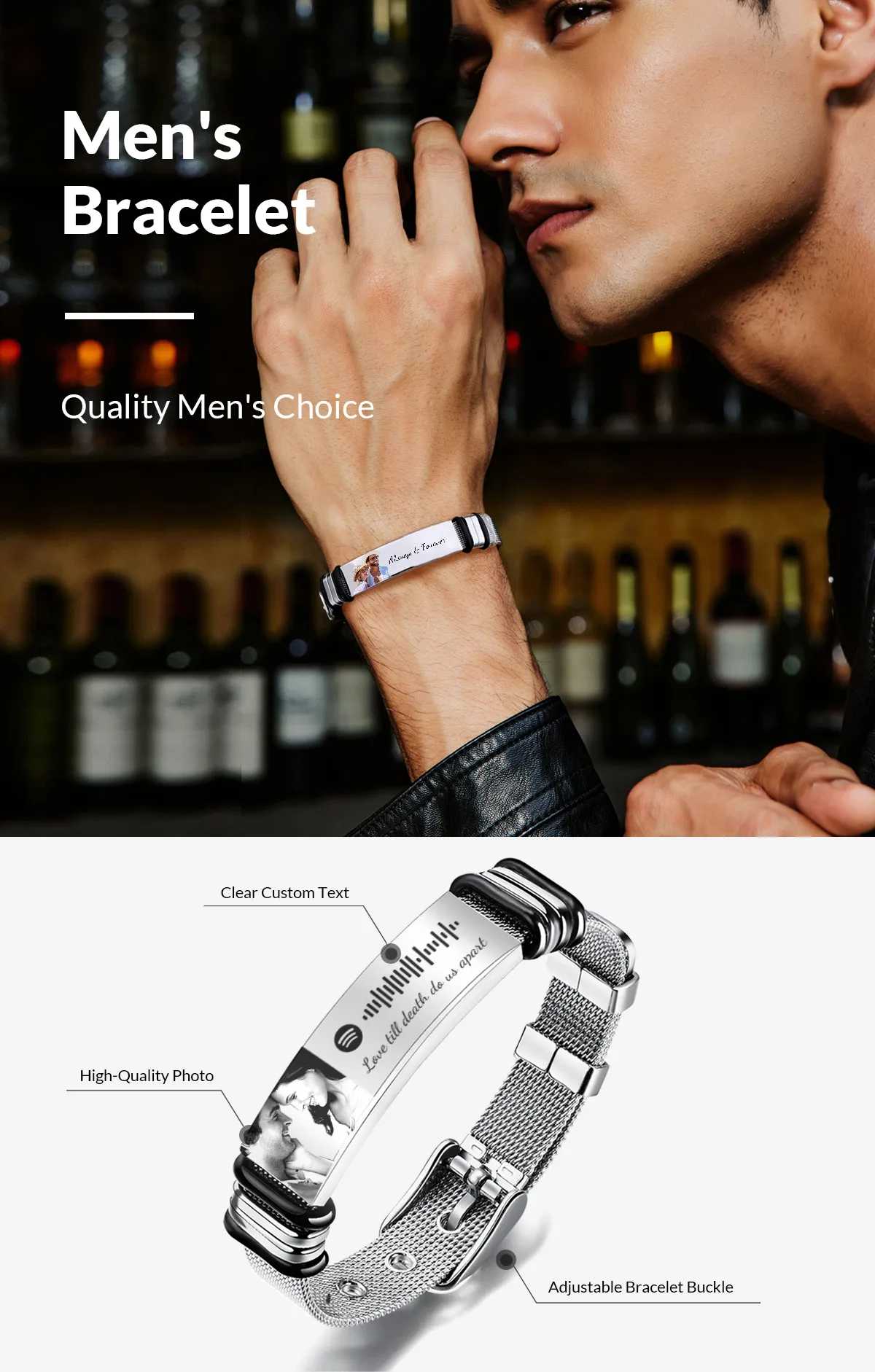 Customized Optional Photo Engraved Spotify Music Stainless Steel Bracelet Best Gifts For Men Gifts For Couples 0