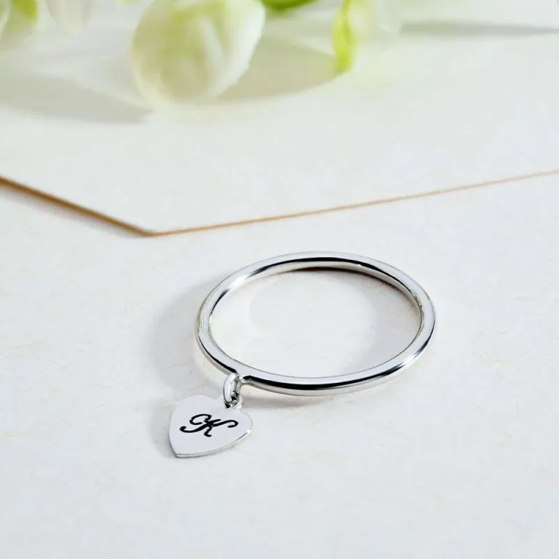 Dangle Initial Heart Ring Dainty Name Ring Gift for Her Personalized Jewelry Christmas Gift 2