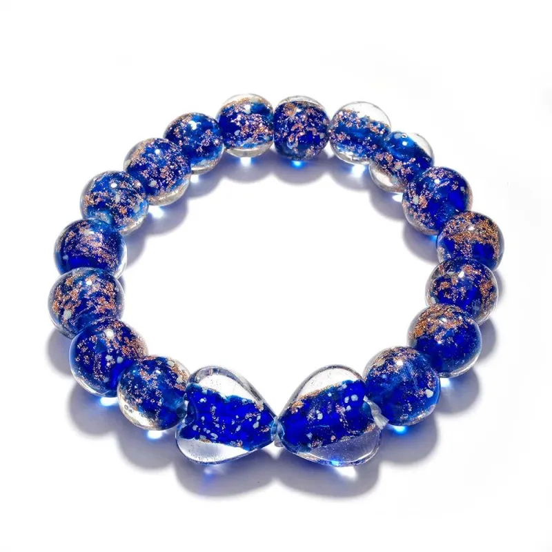 Dark Blue Heart-to-Heart Firefly Glass Stretch Beaded Bracelet Glow in the Dark Luminous Bracelet