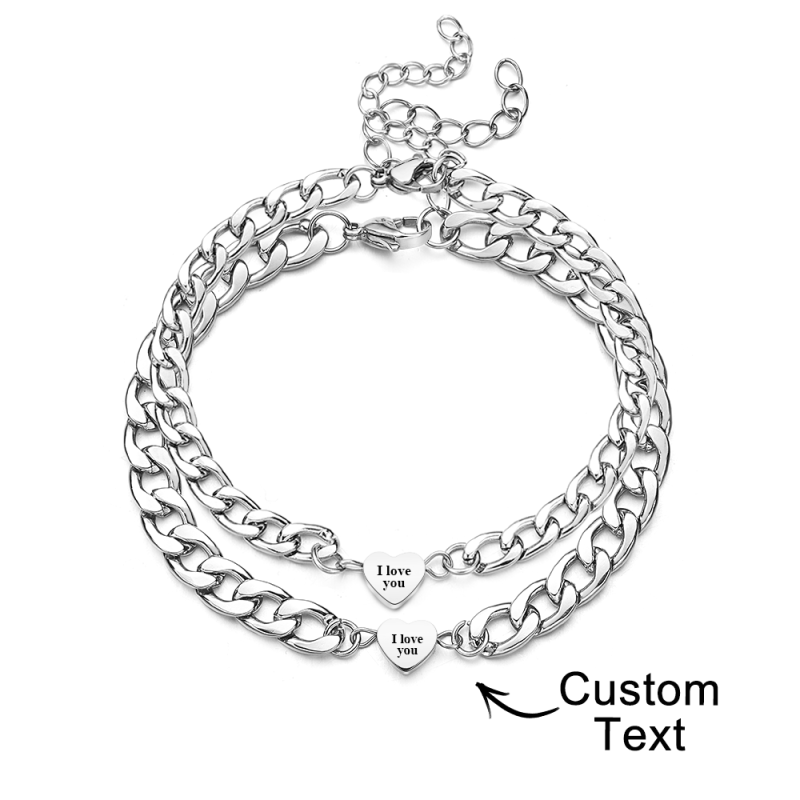 Engravable Bracelet Set Personalized Fashionable Chain Heart Pendant Bracelet Gift For Couples