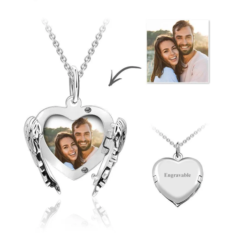 Engravable Photo Locket Necklace Personalized Heart Angel Wings Gift For Her