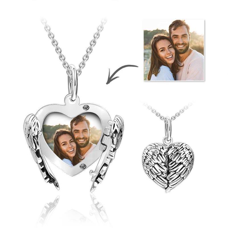 Engravable Photo Locket Necklace Personalized Heart Angel Wings Gift For Her 1