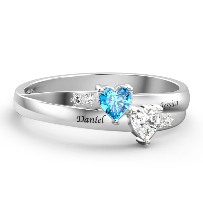 Engraved Double Heart Birthstone Promise Ring Silver