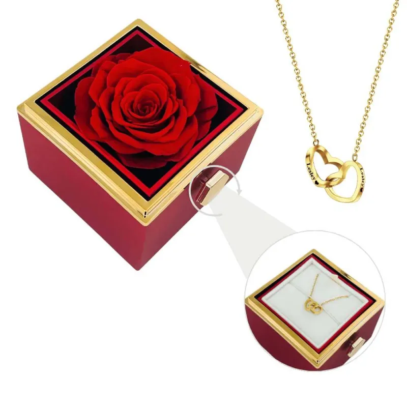 Engraved Heart Necklace with Reversible Preserved Flower Jewelry Box Red