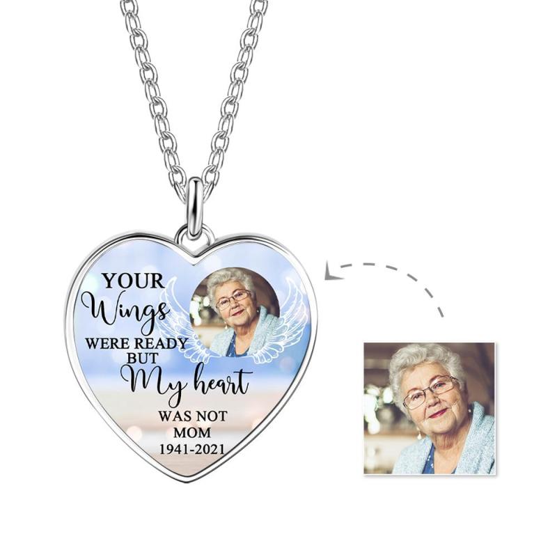 Engraved Heart Photo Necklace Custom Text Necklace For Your Passed Away Loved Ones