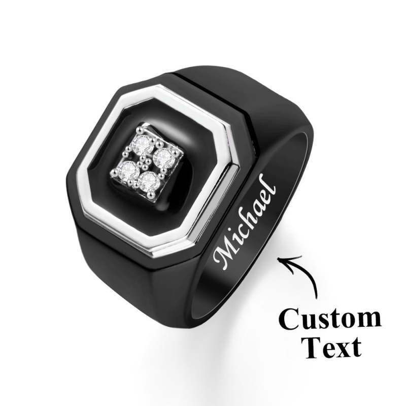 Engraved Ice Ring Black Decor Bright Stone Jeweley Ring For Men