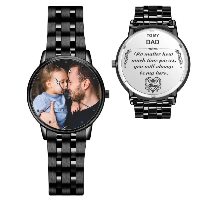 Engraved Men's Black Alloy Bracelet Photo Watch To My Dad I Love You Gifts for Him