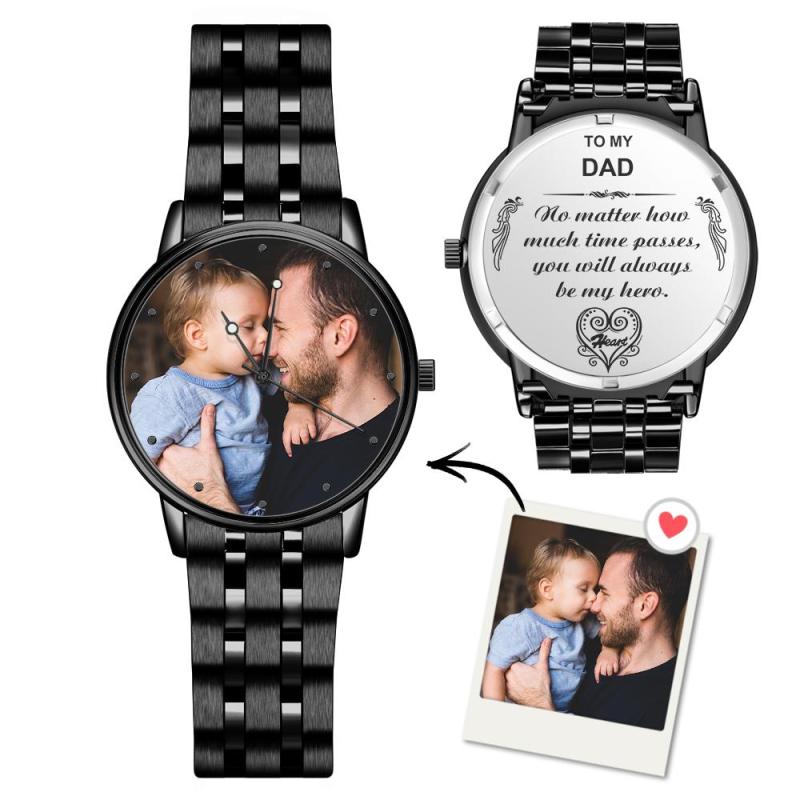 Engraved Men's Black Alloy Bracelet Photo Watch To My Dad I Love You Gifts for Him 1