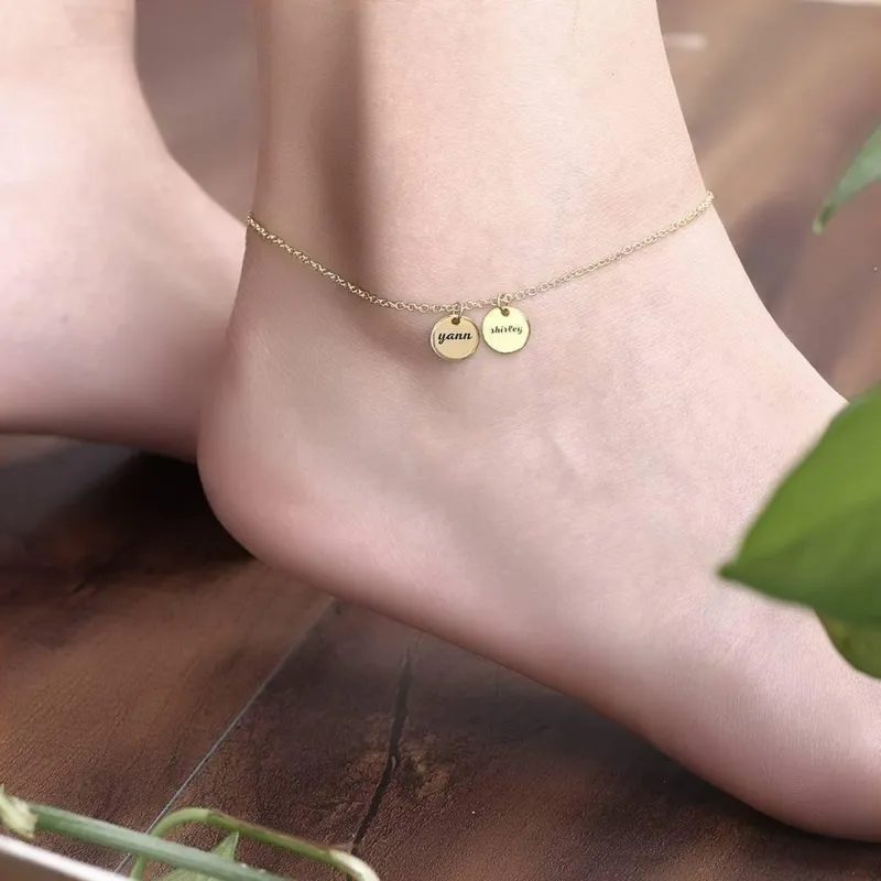 Engraved Two Coins Anklet 14k Gold Plated Silver 1