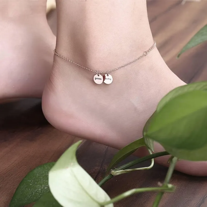 Engraved Two Coins Anklet Rose Gold Plated Silver 1