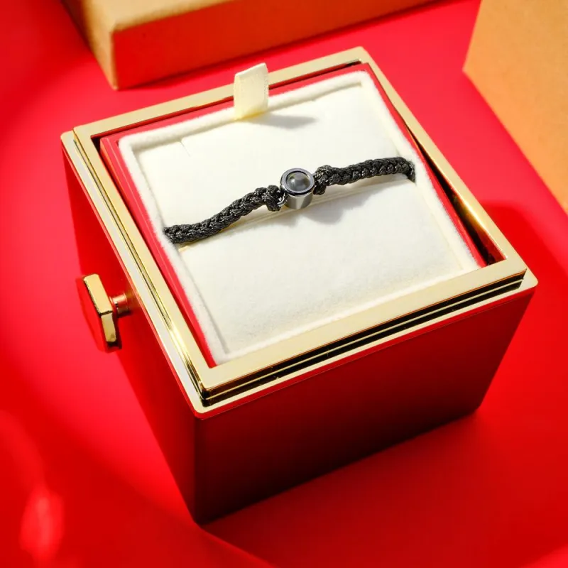 Eternal Rose Box & Photo Projection Couple Bracelet Braided Black Rope Bracelet Gift For Lovers 3