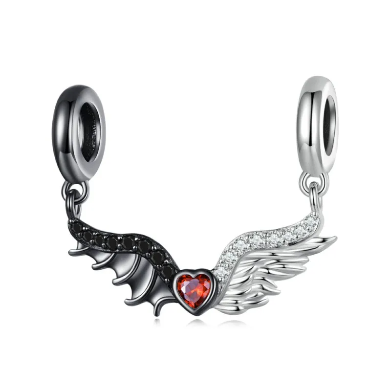 Evil and Angel Wing with Red Heart Dangle Charm Silver