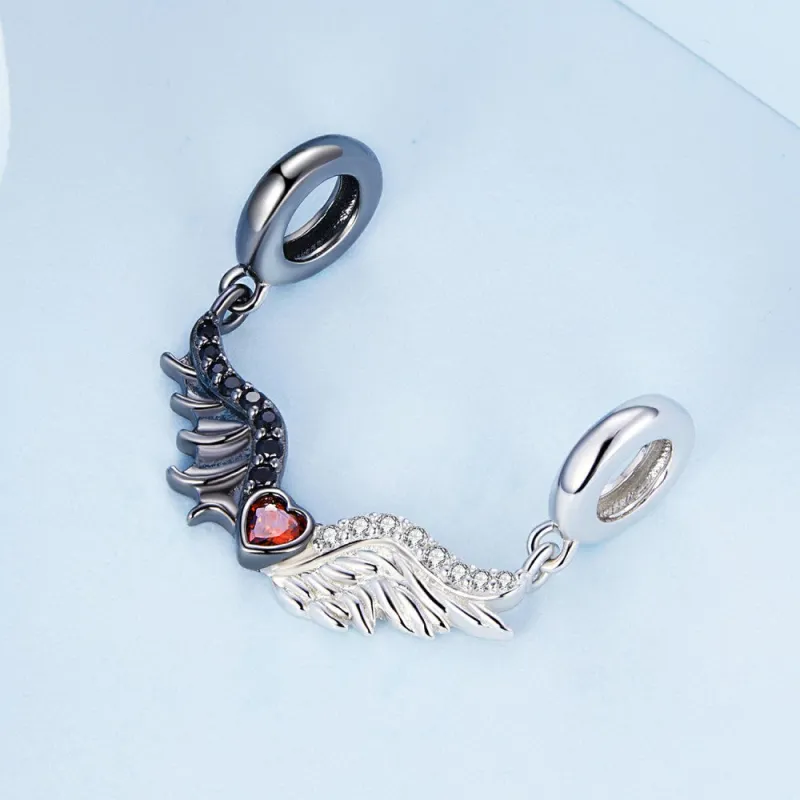 Evil and Angel Wing with Red Heart Dangle Charm Silver 1