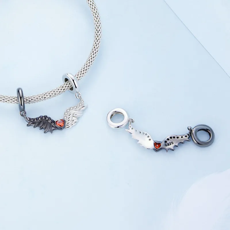 Evil and Angel Wing with Red Heart Dangle Charm Silver 2