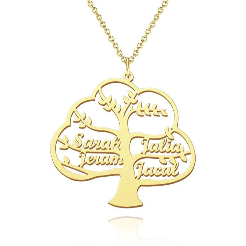 Family Tree of Life Necklace Name Pendant Gift for Custom Family Names 14k Gold Plated Silver 1-6 Names