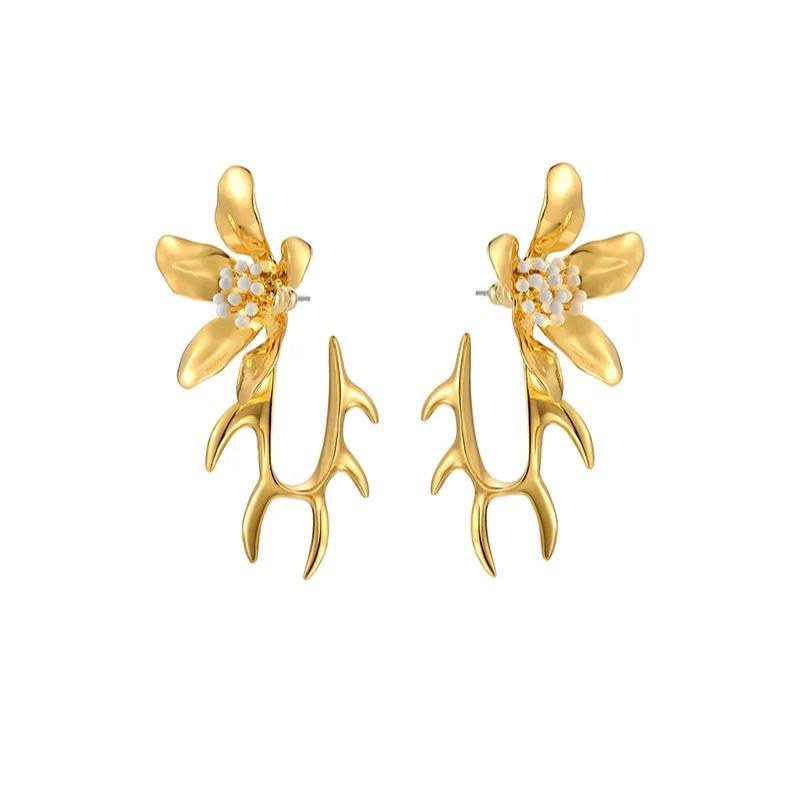 Five Petals Connect With Thorn Detachable Golden Earrings