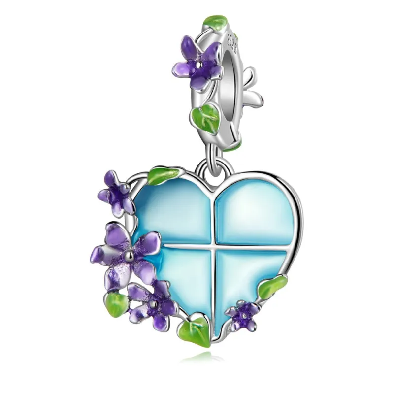 Flower Heart Window Dangle Charm Silver