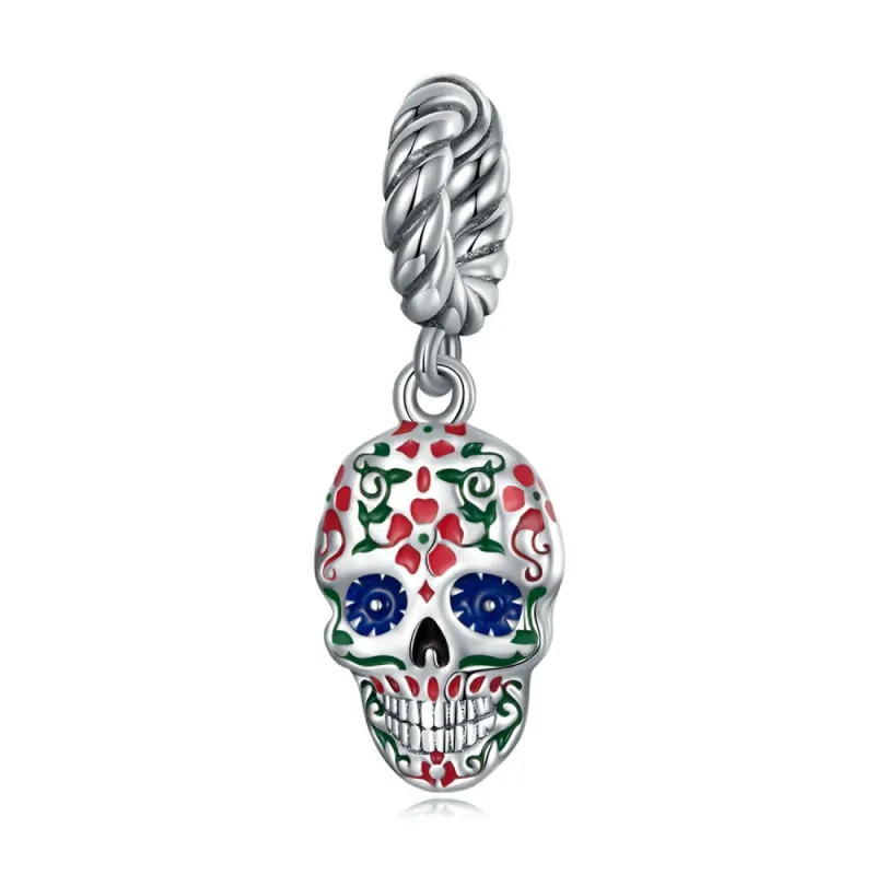 Flower Skull Head Dangle Charm Silver