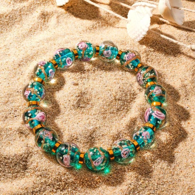 Flowery Blue Firefly Glass Stretch Beaded Bracelet Glow in the Dark Luminous Bracelet 5