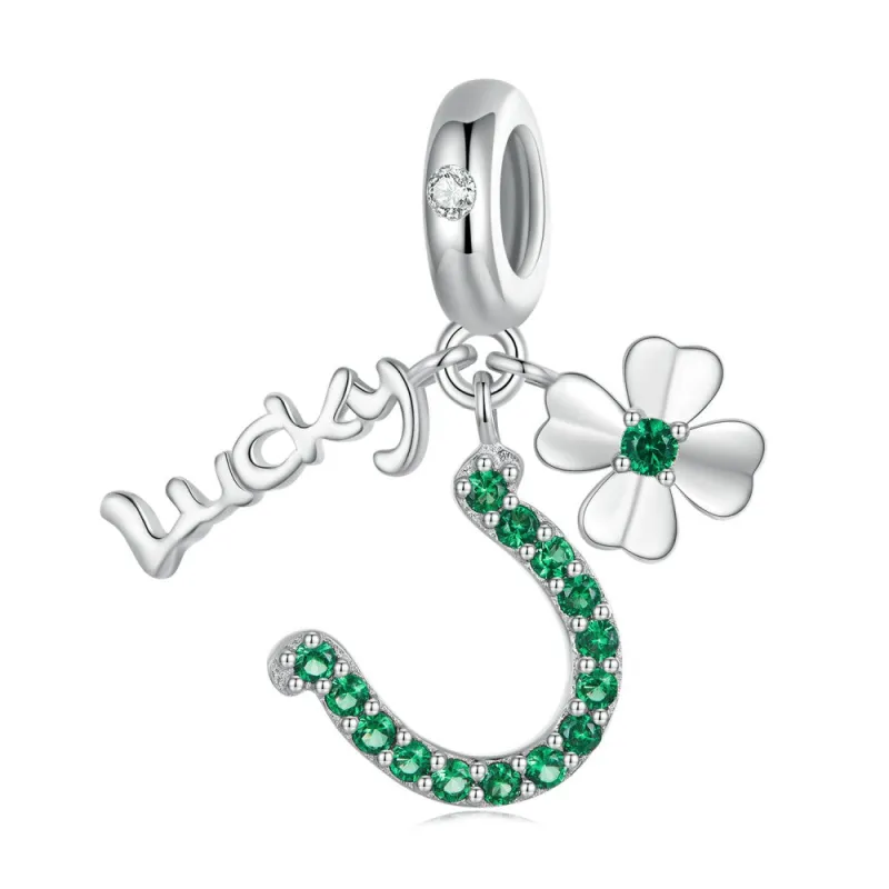 Four-leaf Clover Horseshoe Green Lucky Dangle Charm Silver